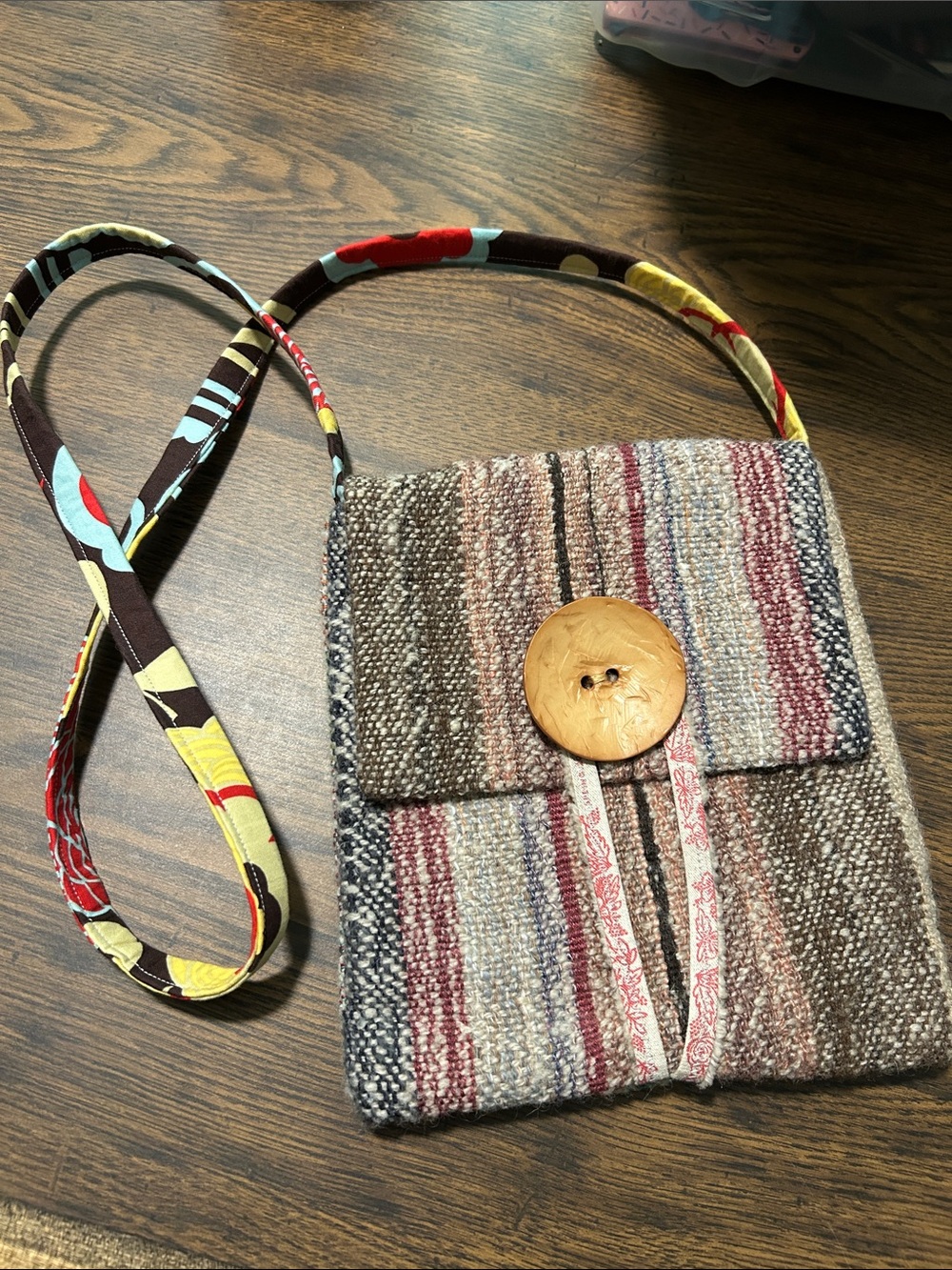 Bohemian Multicolor Stripe Crossbody Bag with Wooden Button and Floral Strap